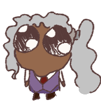 Digital drawing of a half-elf girl with dark skin and textured white hair in a ponytail. She's drawn with comically large, shining eyes and a tiny body.